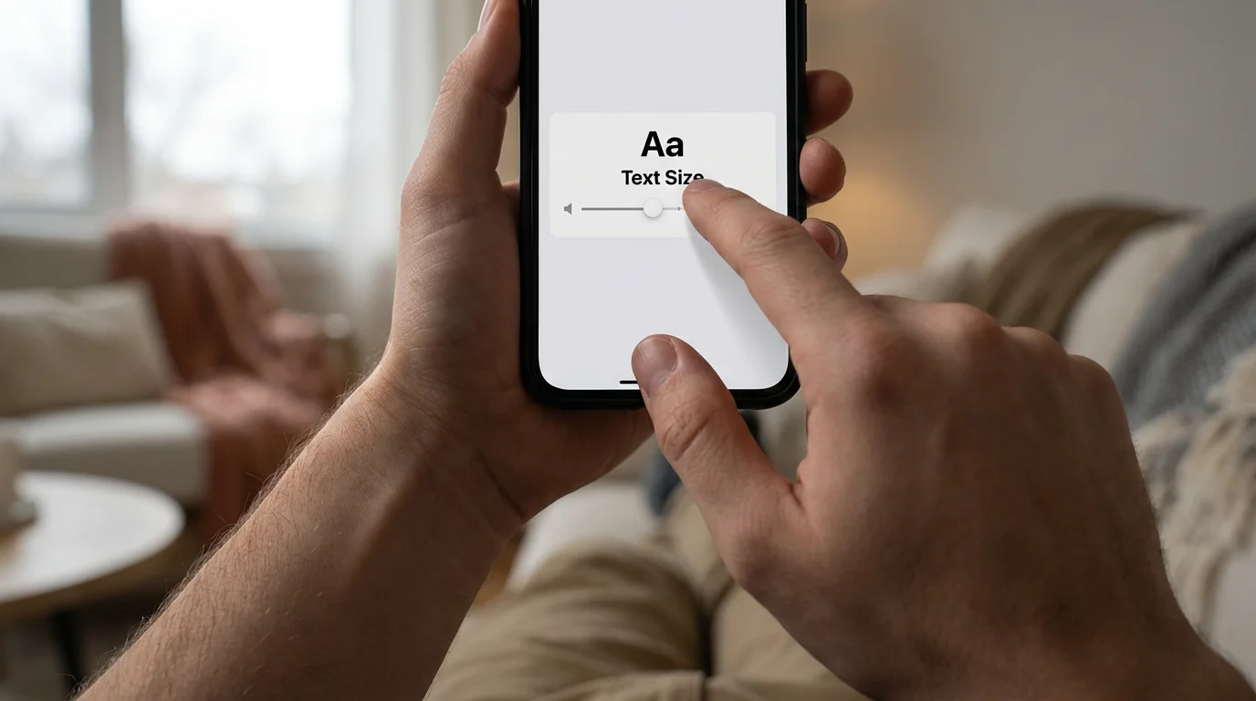 A hand adjusting a large text size slider within the display settings menu of a generic smartphone.