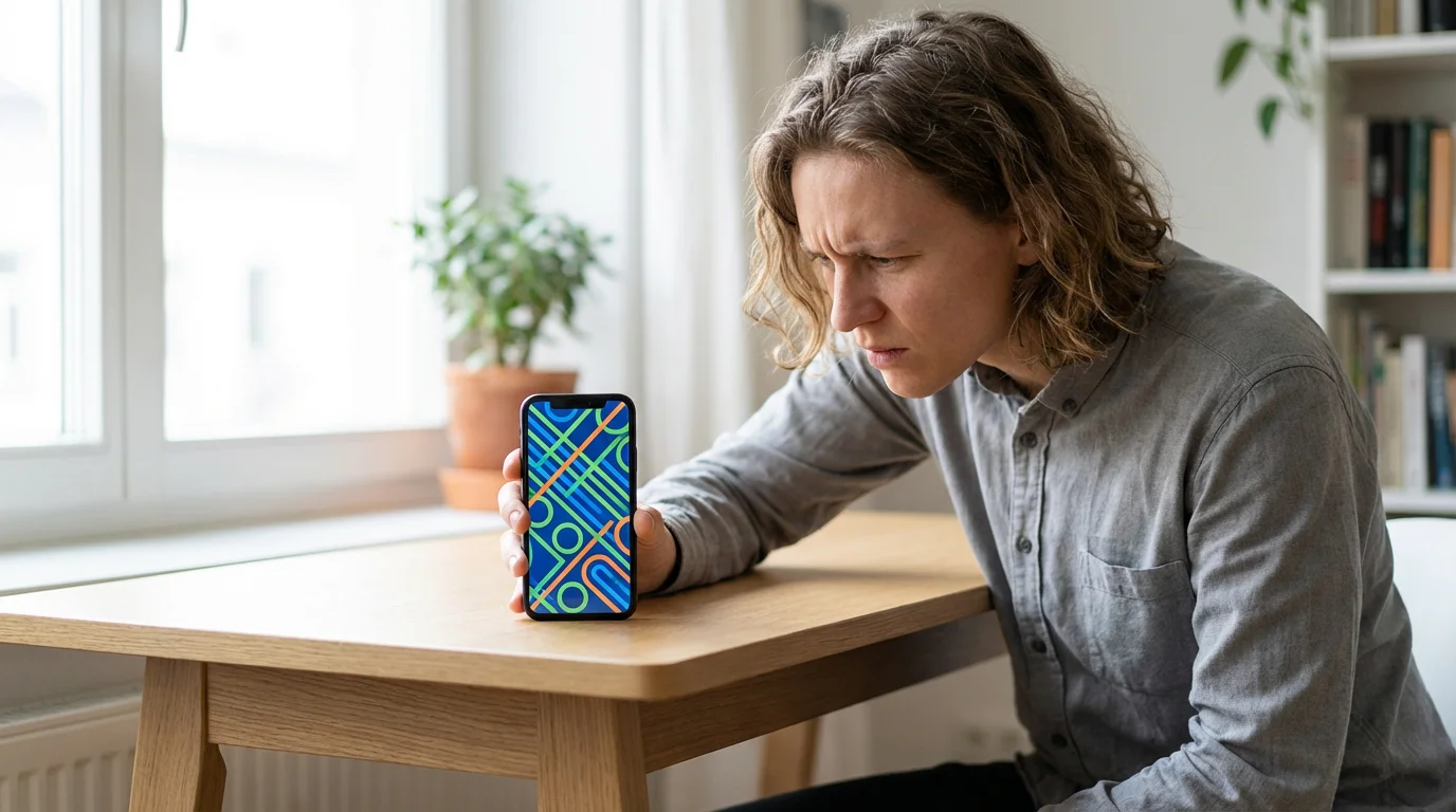 A person intently uses the magnification feature on a smartphone screen in natural light.