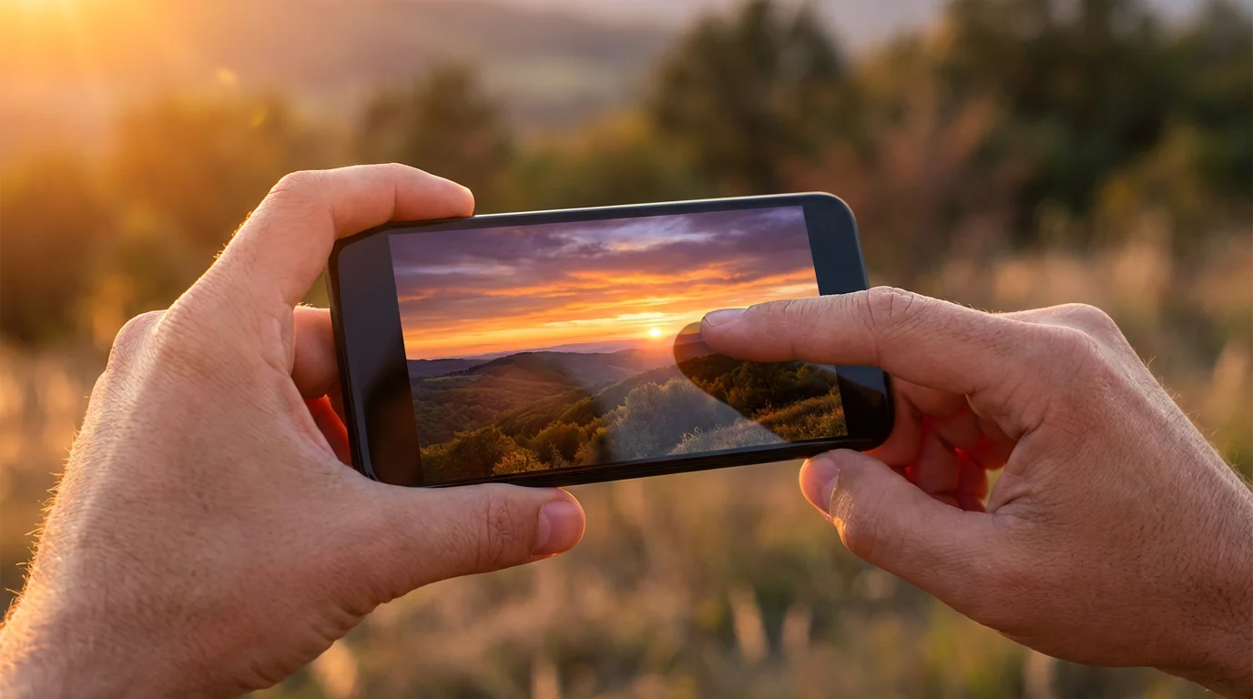 A person reviewing a full-screen landscape photograph on a smartphone during warm golden hour light.