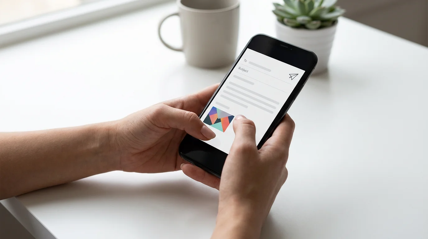 A person's hands holding a smartphone displaying an abstract email draft with an attached photo.