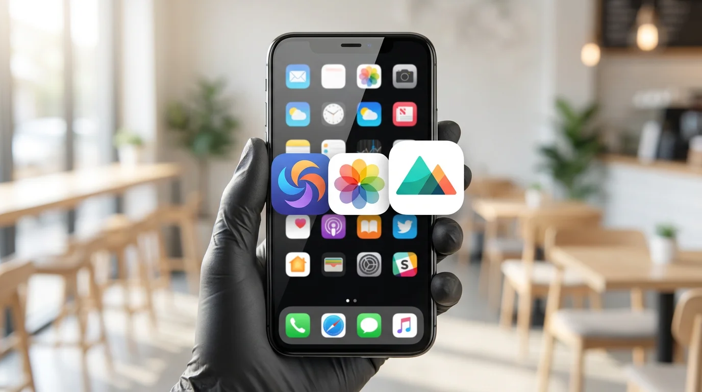 A smartphone screen showing a grid of abstract colorful app icons, including pinwheel and flower shapes.