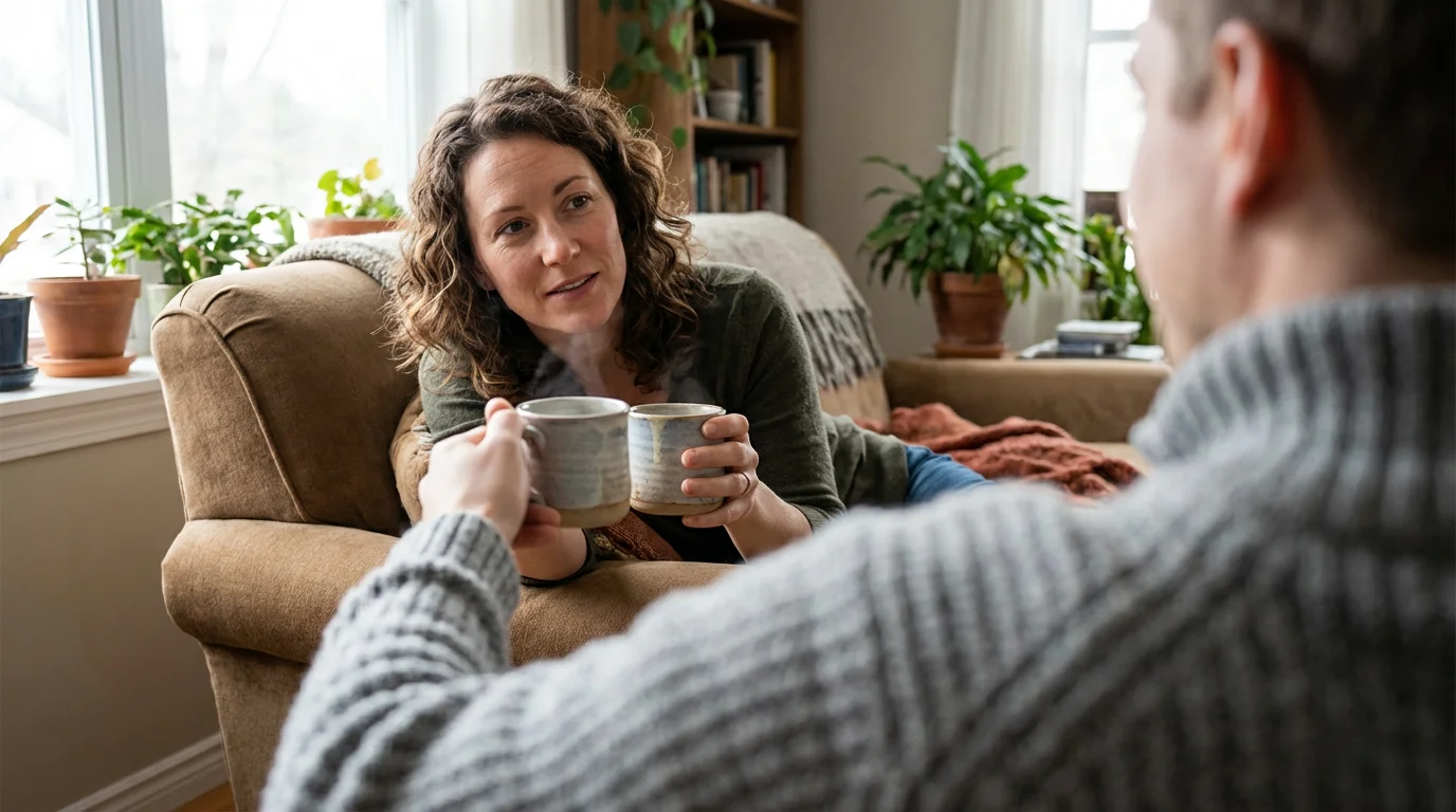 A supportive friend offering tea and listening in a sunlit living room.