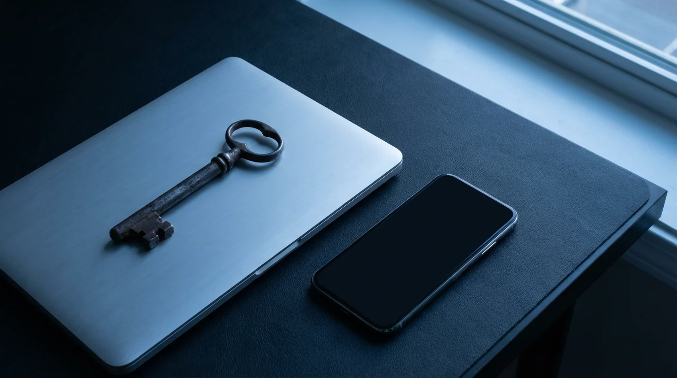 Antique key resting on a closed laptop and smartphone flat lay in blue evening light.