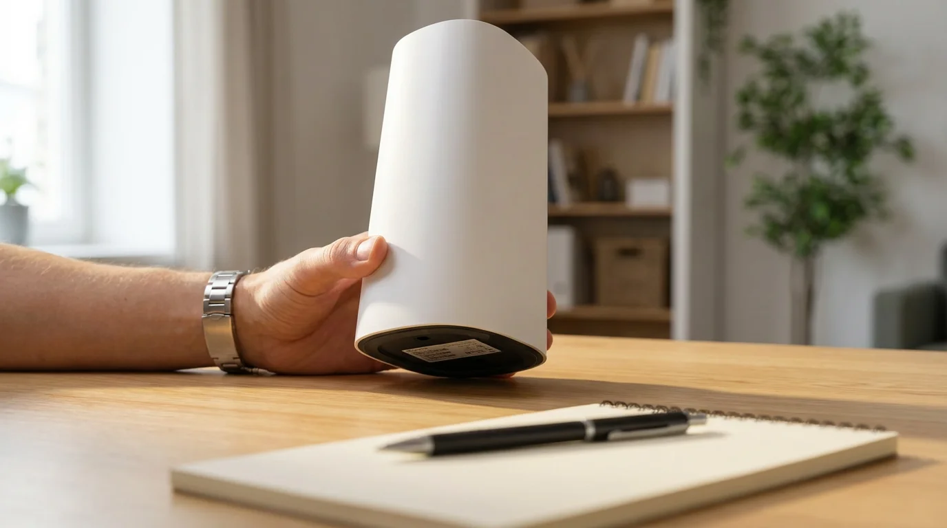 Checking the bottom of a Wi-Fi router for network password in a home office.