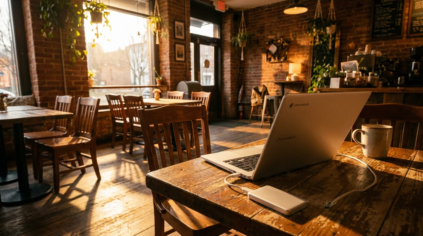 Chromebook connected to external hard drive on a wooden cafe table in sunlight.