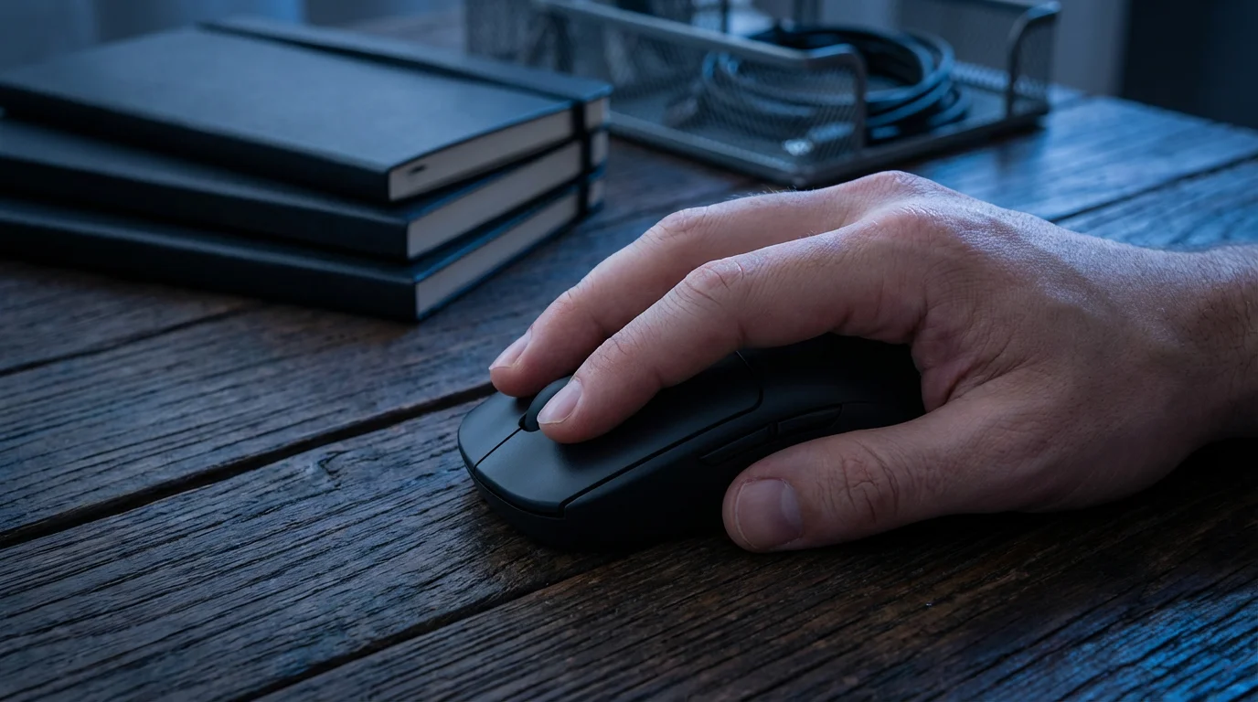 Close-up eye-level view of a hand using a computer mouse in cool evening lighting.