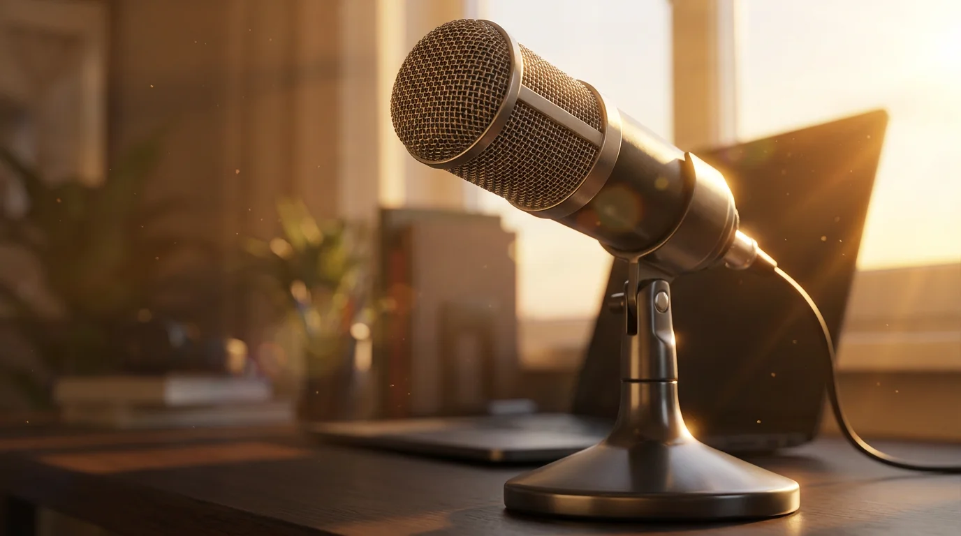Close-up low angle view of a desktop microphone bathed in warm sunlight.