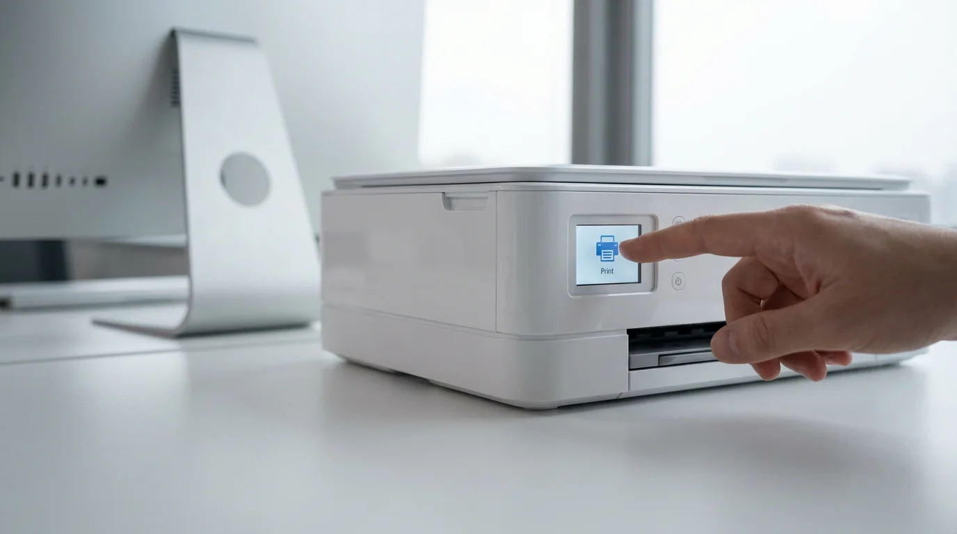 Close-up low angle view of a hand using a wireless printer control panel.