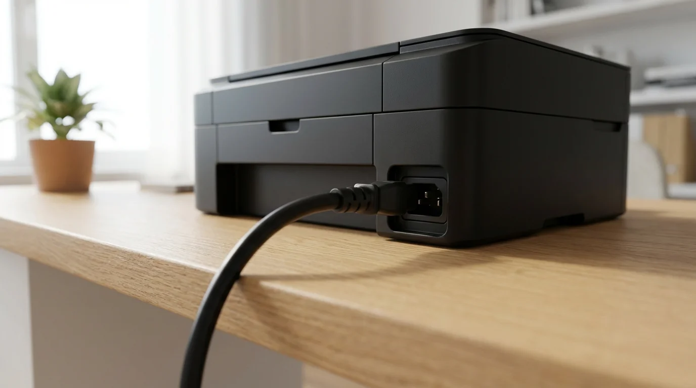 Close-up low angle view of a power cord being plugged into a printer.