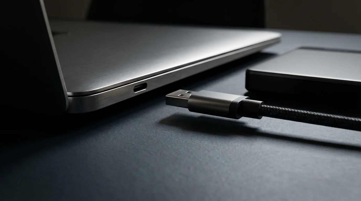 Close-up low angle view of a USB cable connecting an external drive to a laptop.