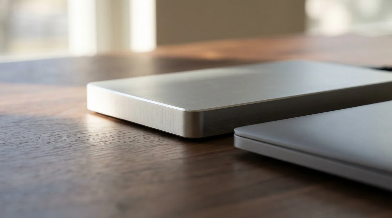 Close-up low angle view of an external hard drive on a wooden desk.