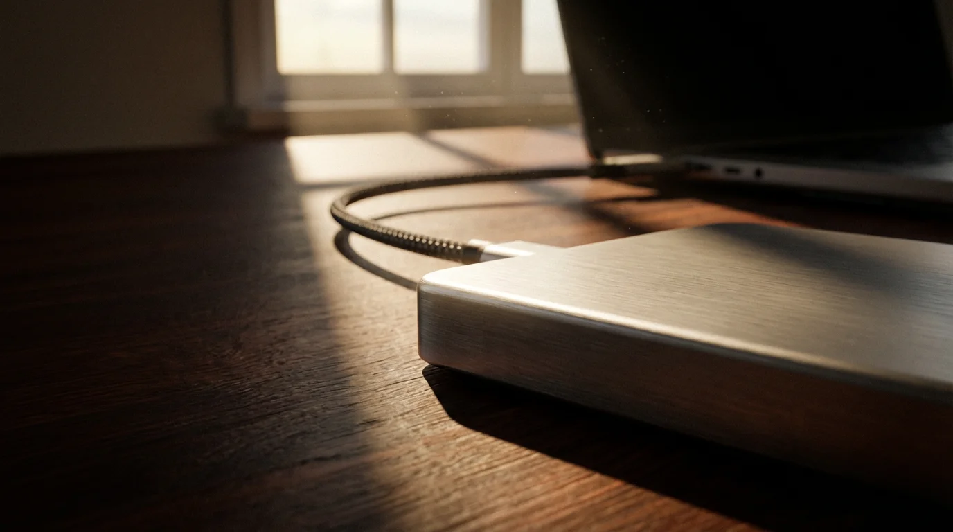 Close-up low angle view of external hard drive on desk in dramatic afternoon light.