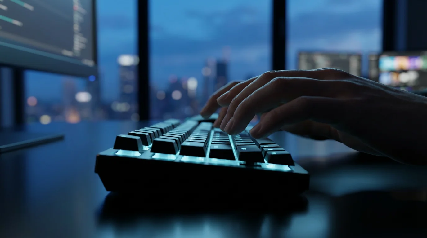 Close-up low angle view of hands typing on a backlit keyboard during blue hour.