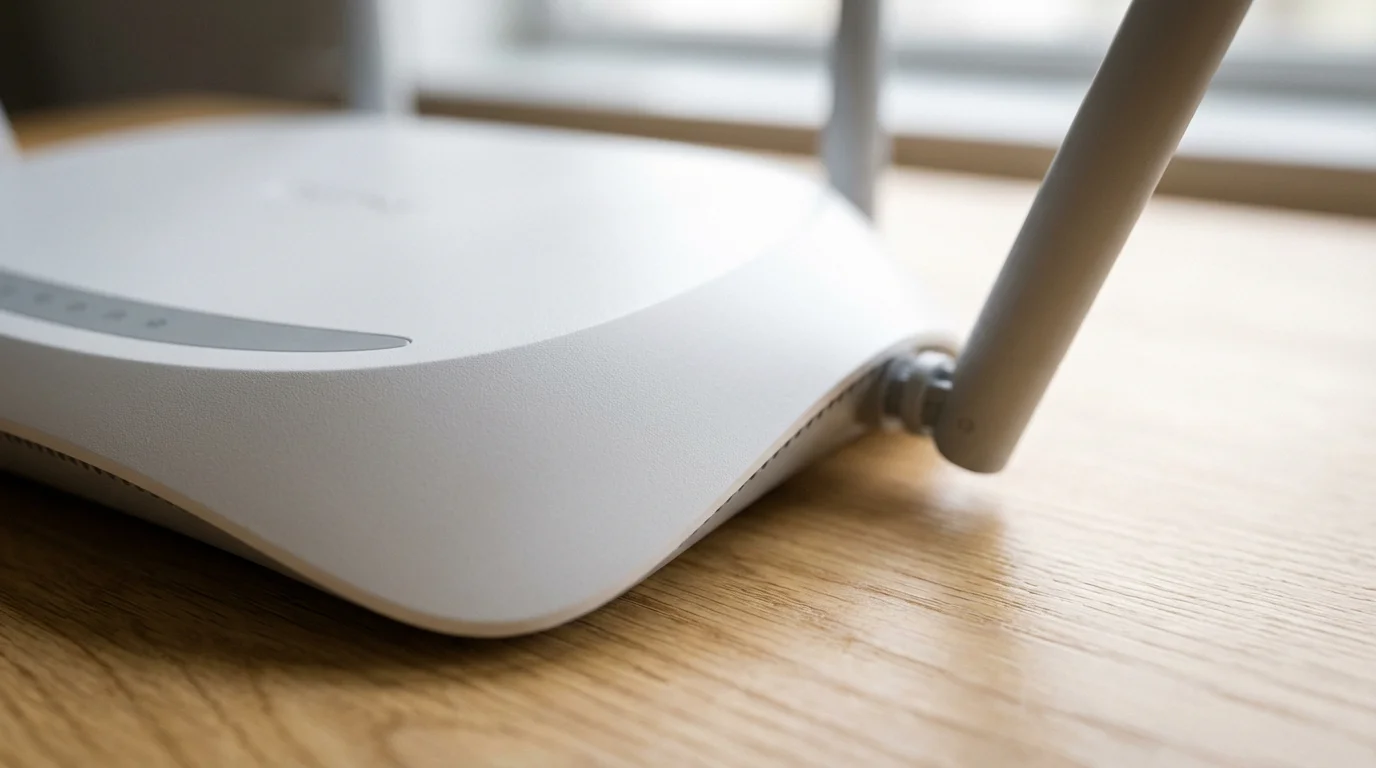 Close-up macro detail of a modern white Wi-Fi router on a wooden table.