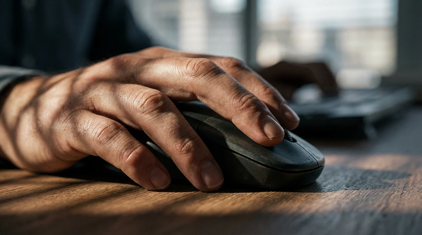 Close-up macro of a hand on a computer mouse in dramatic moody lighting.