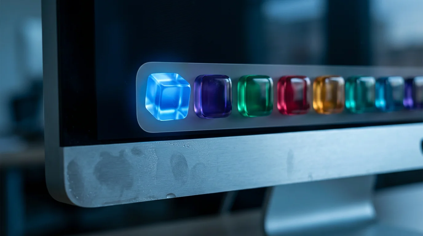 Close-up macro of abstract colorful app icons on a computer dock during blue hour.