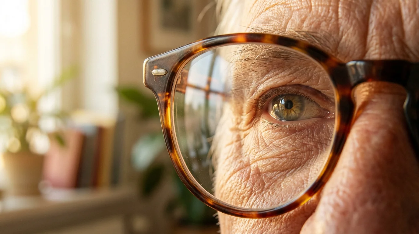 Close-up macro of senior's glasses reflecting window light for optimal video call brightness.