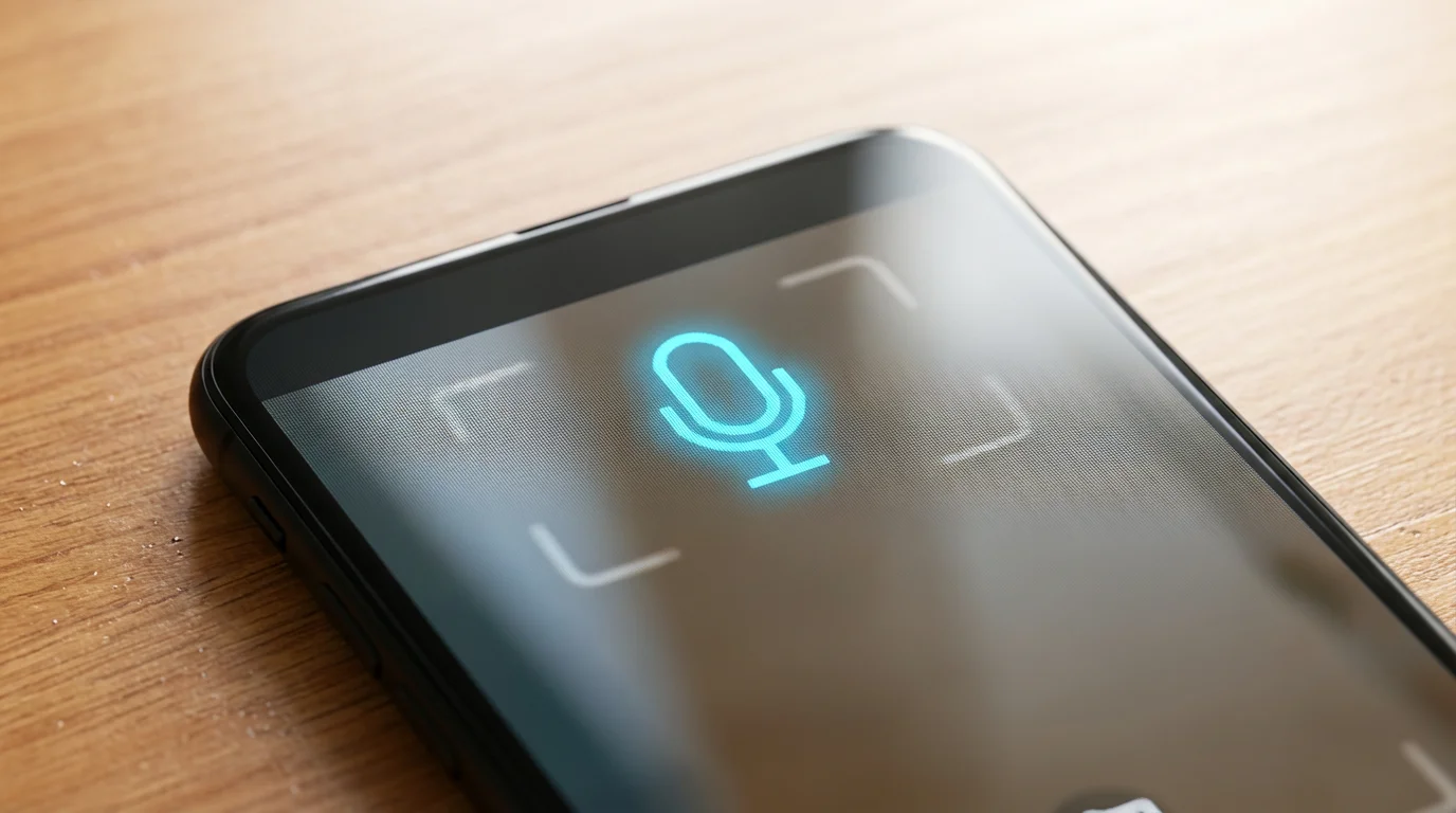 Close-up macro photograph of a smartphone screen showing the active voice control microphone icon.