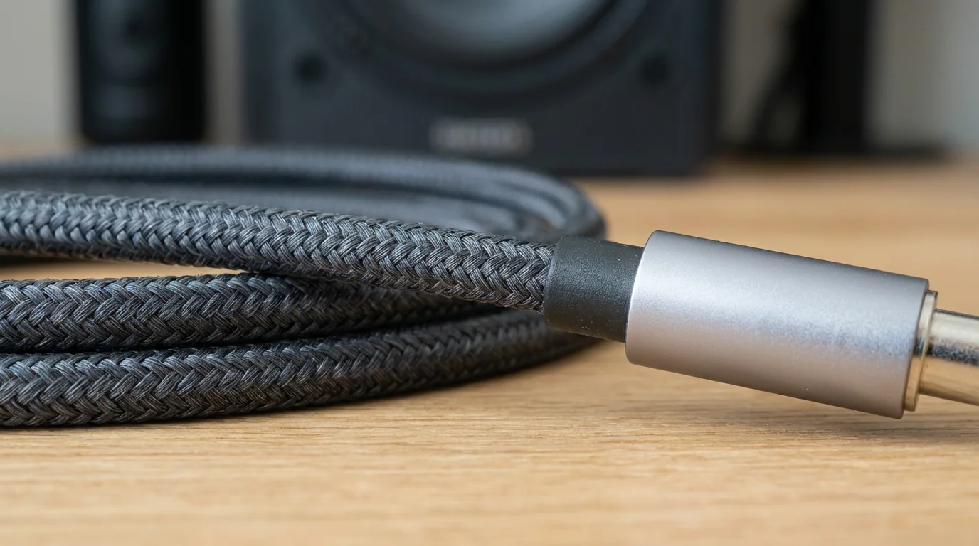 Close-up macro photography of a braided audio cable resting on a wooden desk surface