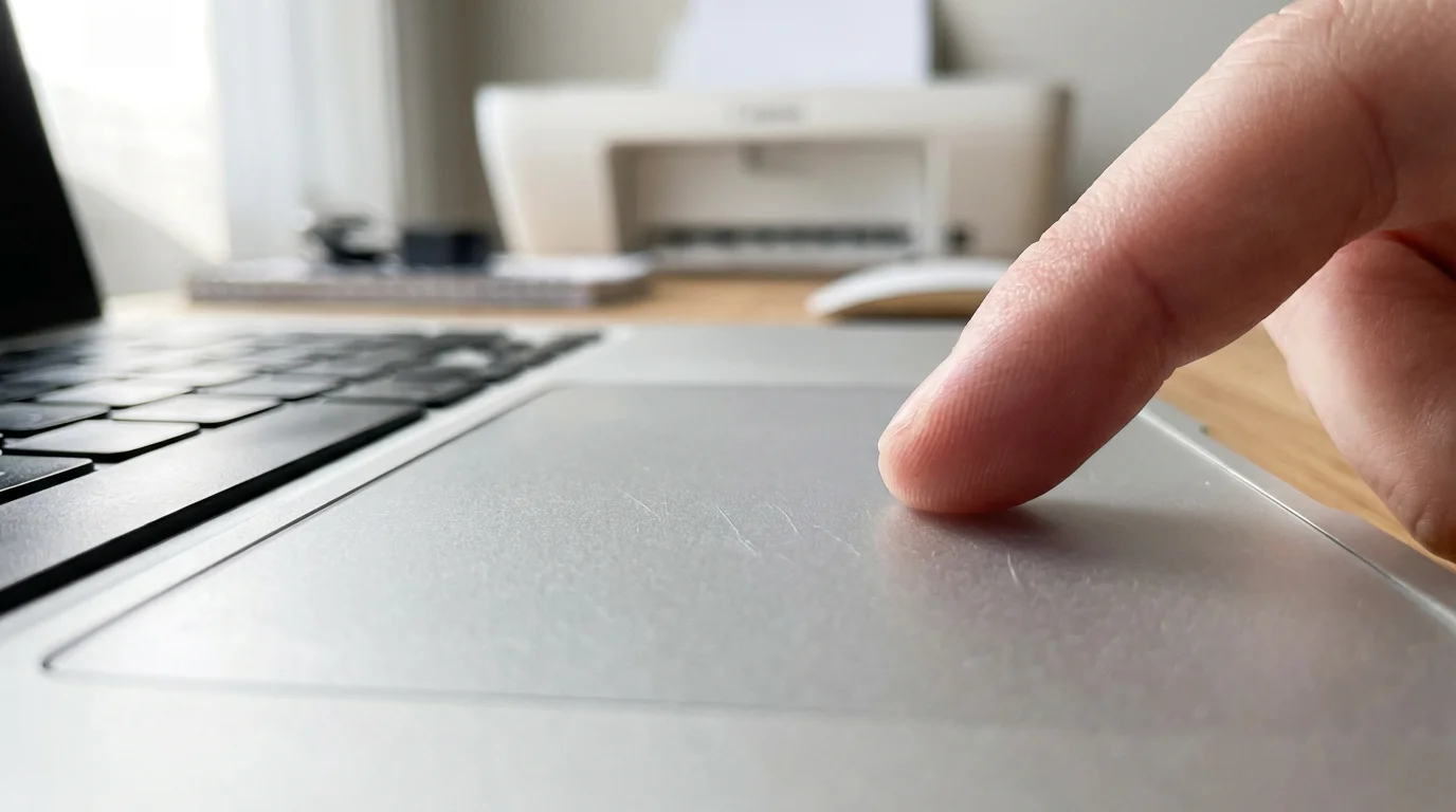 Close-up macro photography of a finger using a laptop trackpad with a blurred printer background