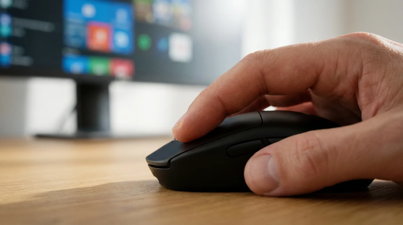 Close-up macro photography of a hand clicking a computer mouse with blurred screen background.