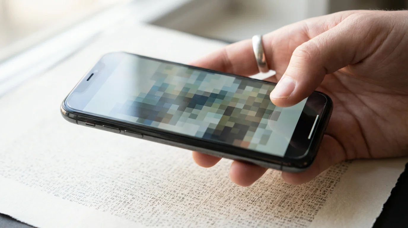 Close-up macro shot of a hand using a smartphone's magnification feature on small printed details.
