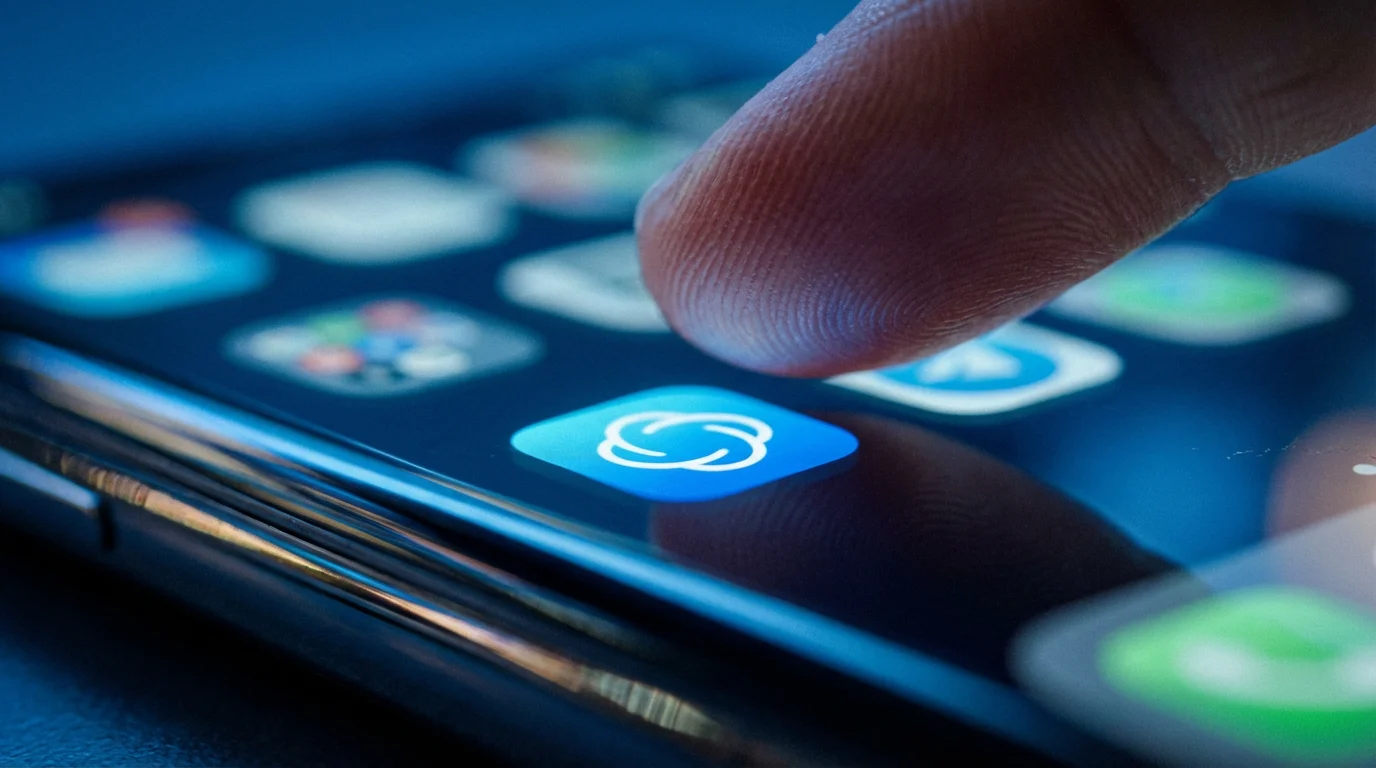 Close-up macro view of a finger about to tap a blue smartphone app icon.