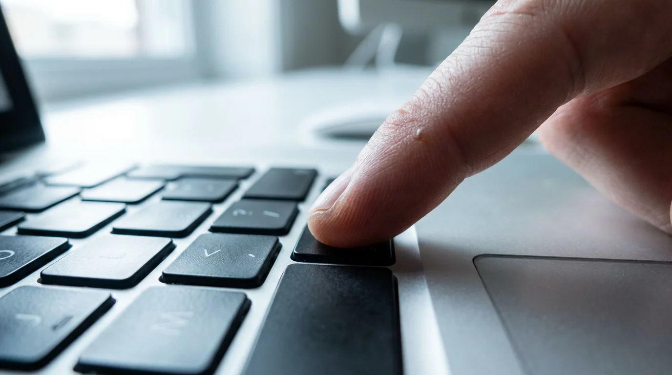Close-up macro view of a finger pressing a laptop keyboard key.
