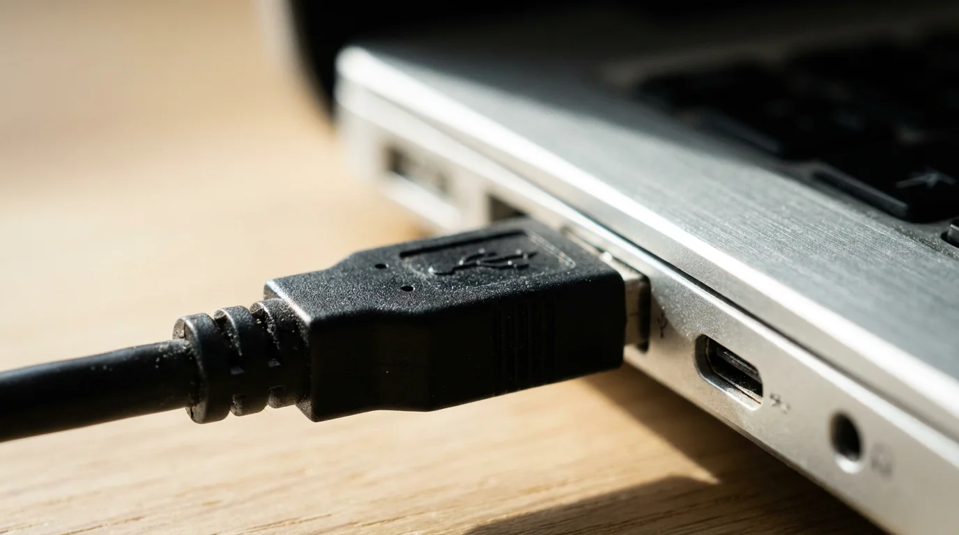 Close-up macro view of a USB cable connected to a silver laptop port.