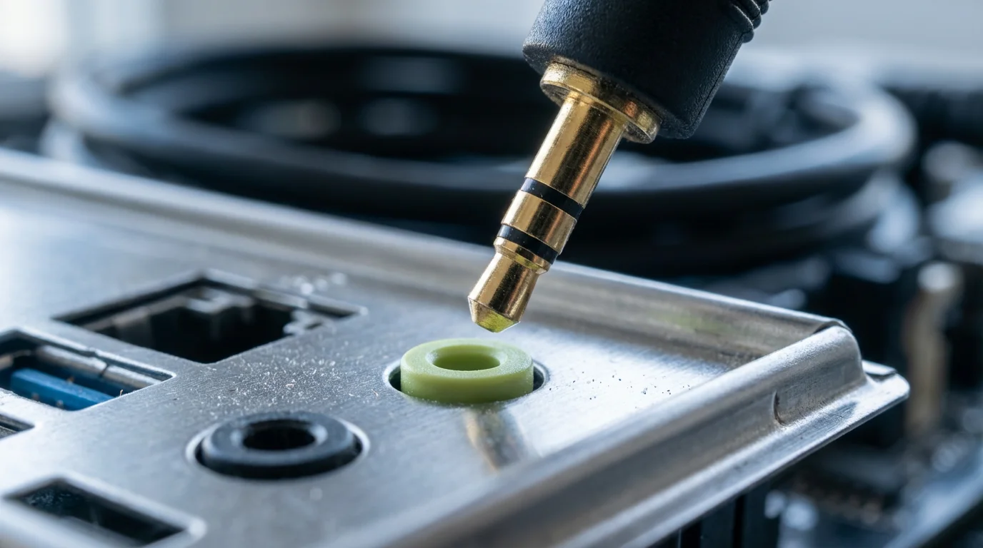 Close-up of a 3.5mm audio jack positioned near a green computer audio port.