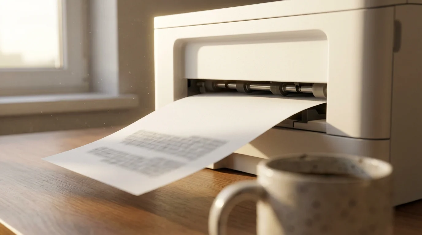 Close-up of a document emerging from a modern printer tray in a home office.