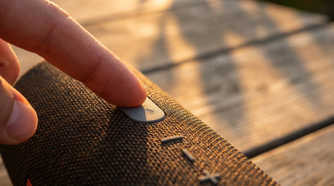 Close-up of a finger adjusting controls on a portable wireless speaker during sunset.