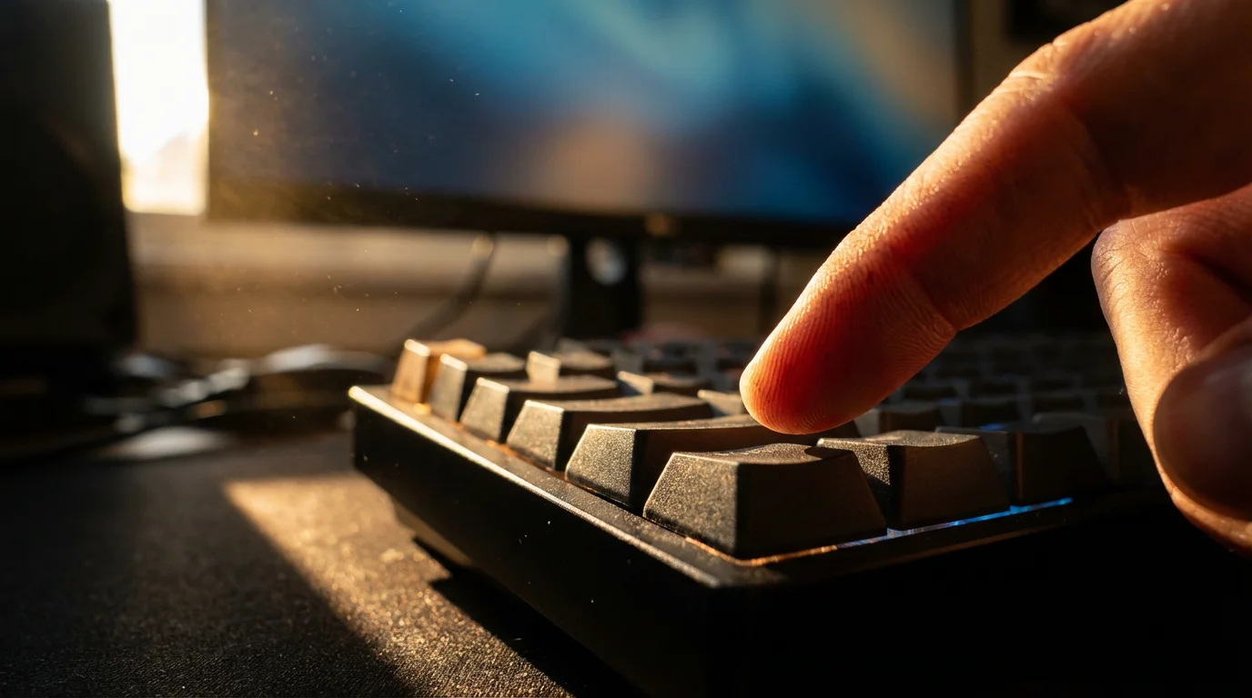 Close-up of a finger pressing a computer keyboard key in moody afternoon lighting.