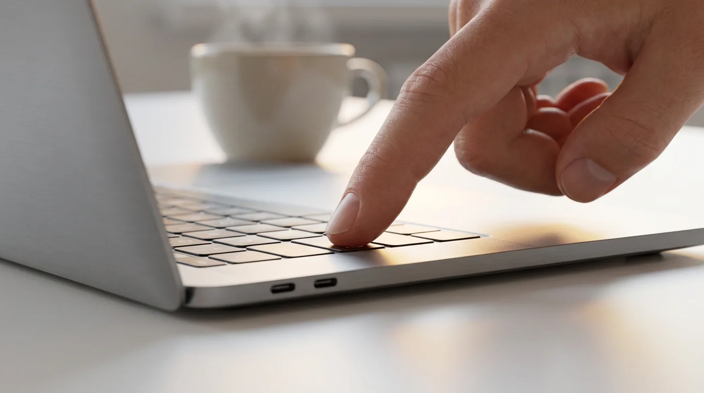 Close-up of a finger pressing a laptop power button in soft light.