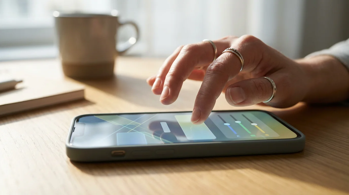 Close-up of a hand navigating a smartphone's display settings using natural window light.
