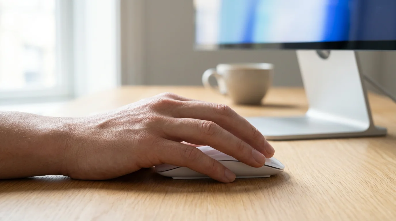 Close-up of a hand using a white computer mouse on a wooden desk.