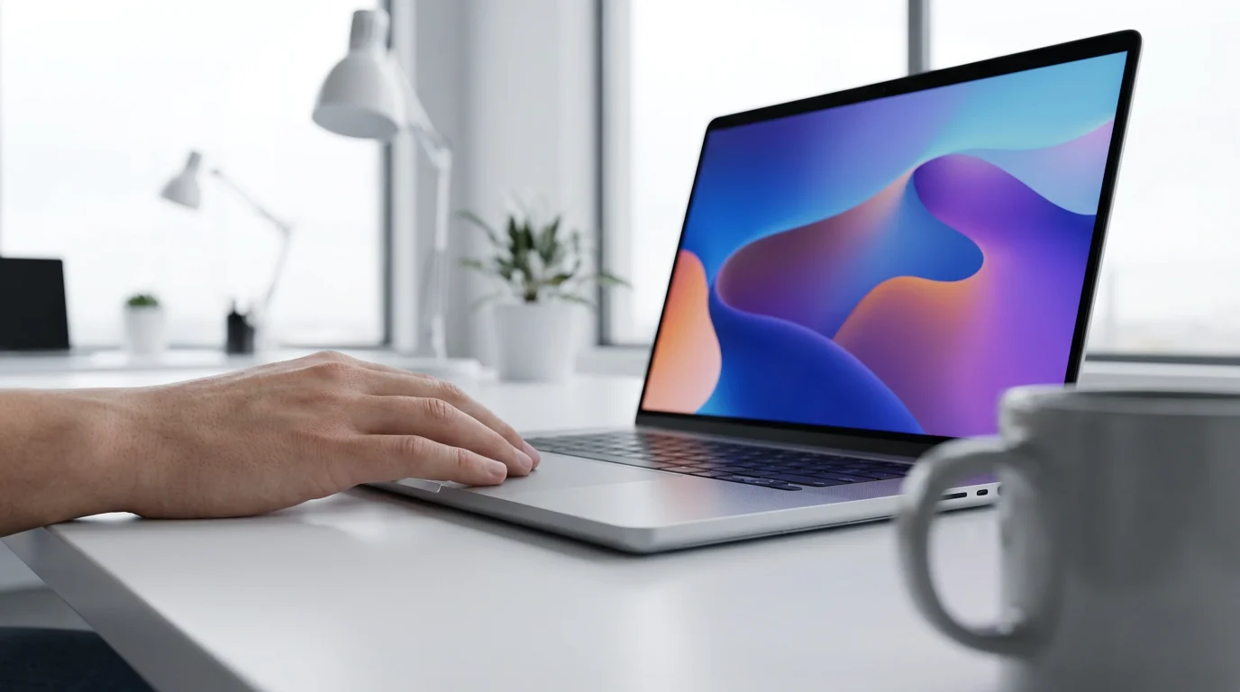 Close-up of a hand waiting next to a silver laptop on a desk.