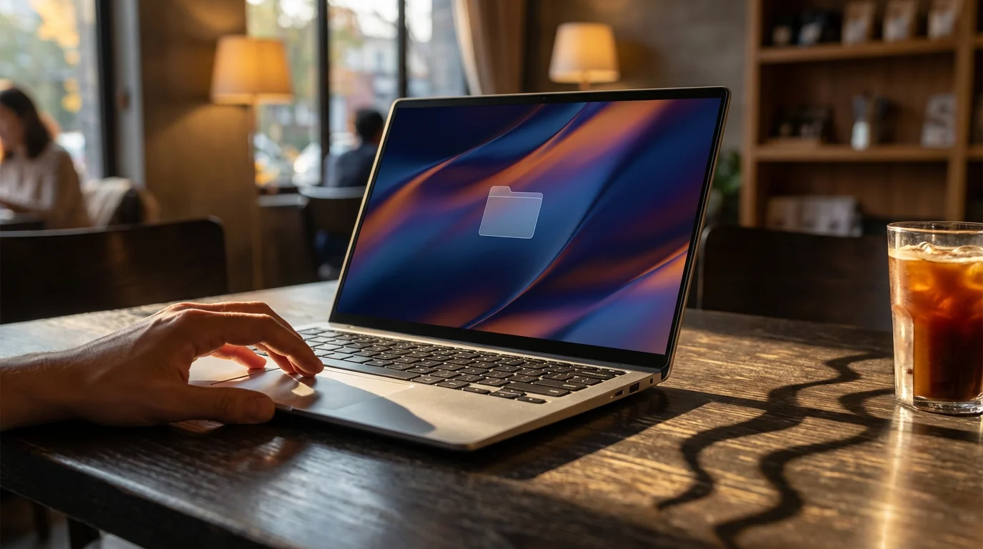 Close-up of a person using a Chromebook trackpad on a wooden table.
