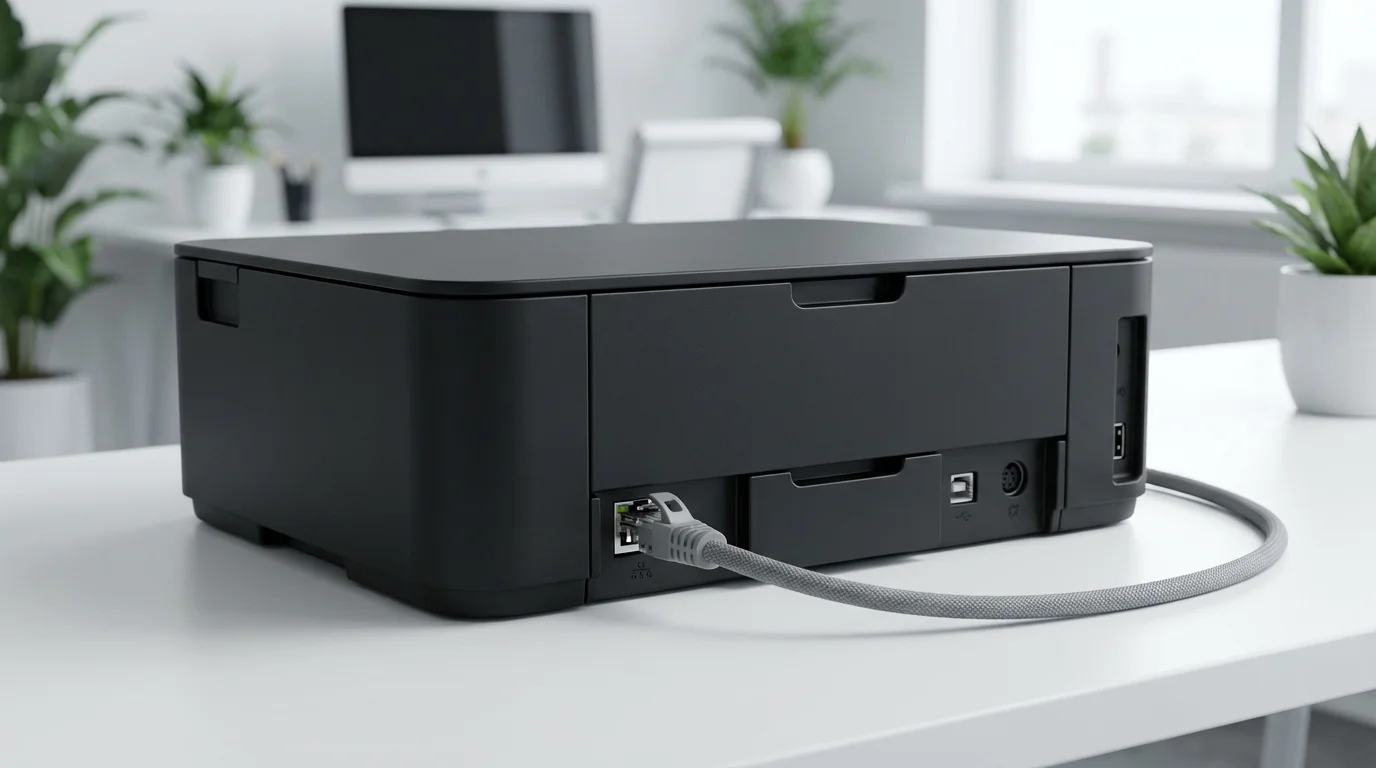 Close-up of an Ethernet cable plugged into a printer port for wired networking