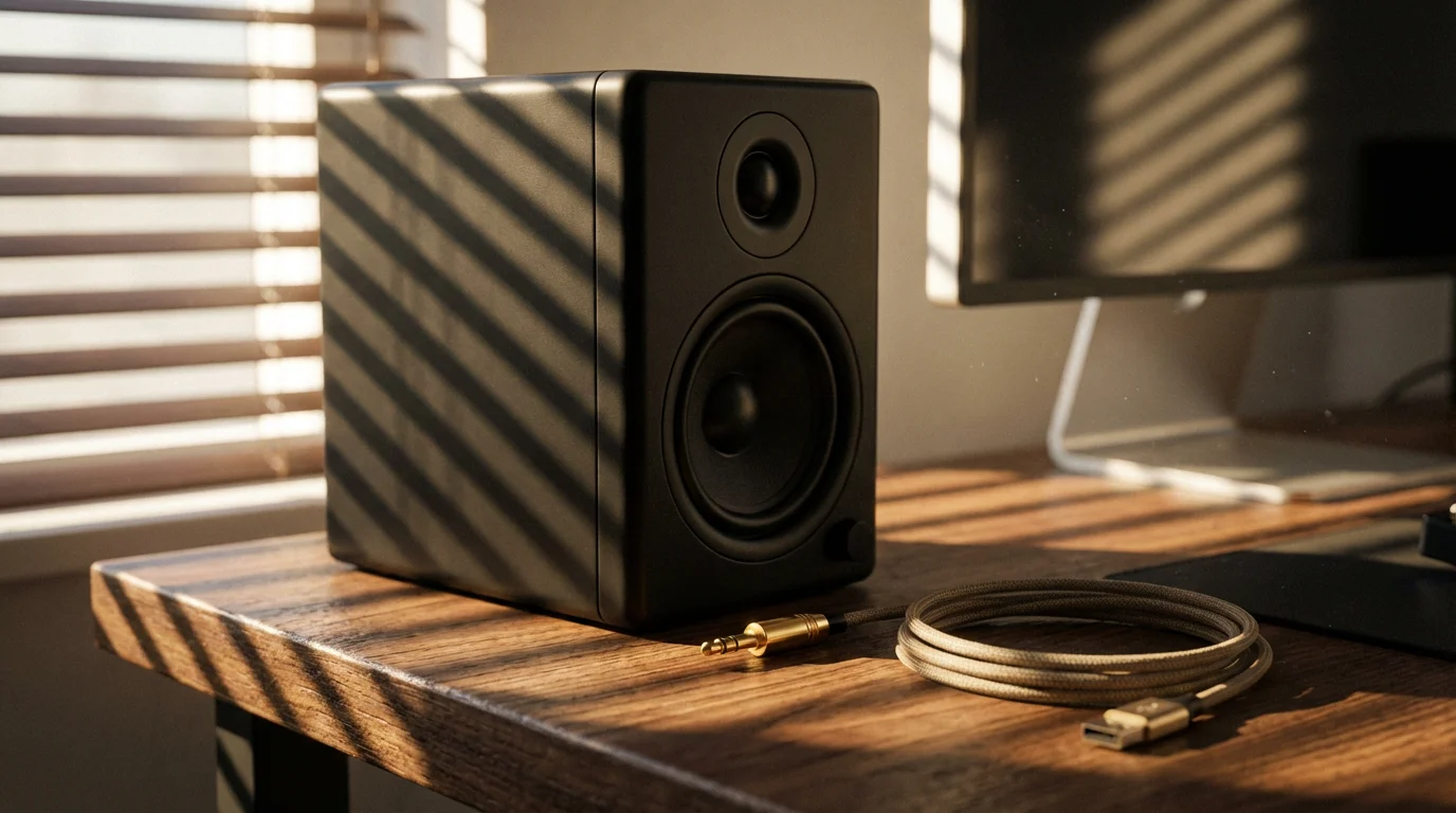 Close-up of audio cables and a speaker on a wooden desk with moody afternoon shadows.
