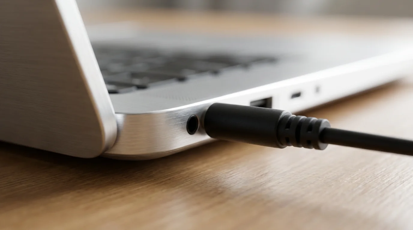Close-up of black audio cable plugged into silver laptop headphone jack