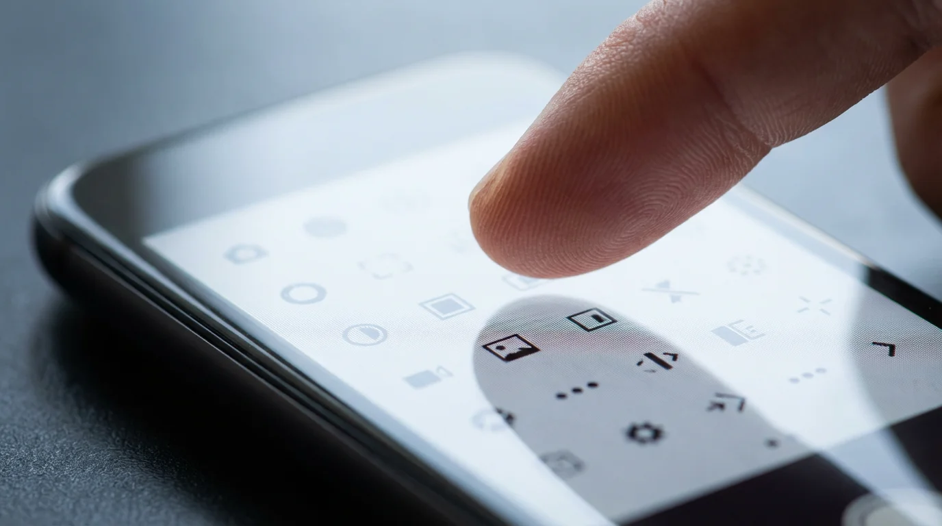 Close-up of finger hesitating over complex smartphone camera settings icons.
