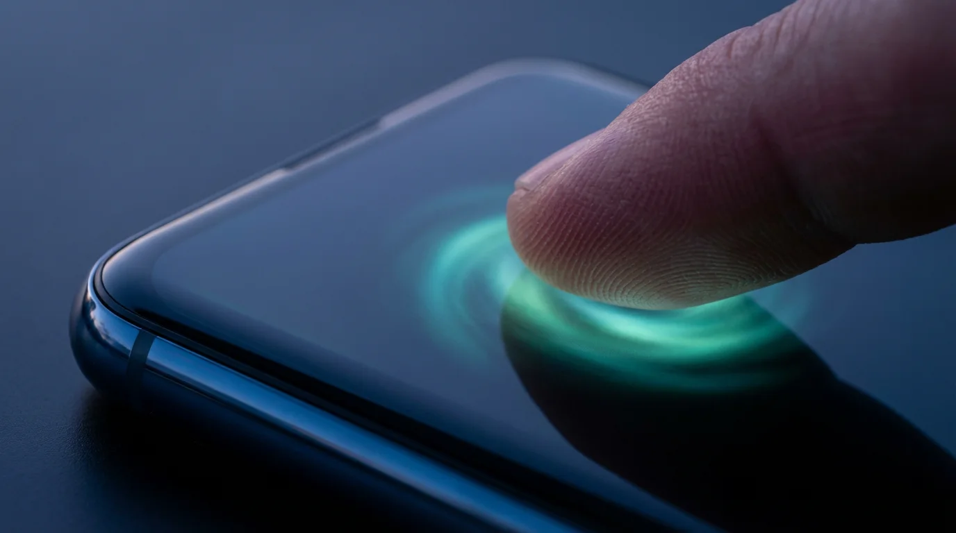 Close-up of finger pressing illuminated smartphone screen for security verification during blue hour
