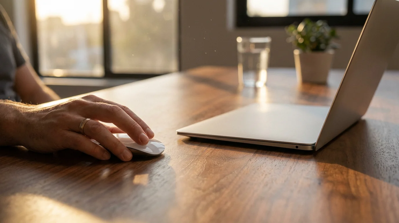Close-up of hand clicking a mouse on a wooden desk in warm sunlight.