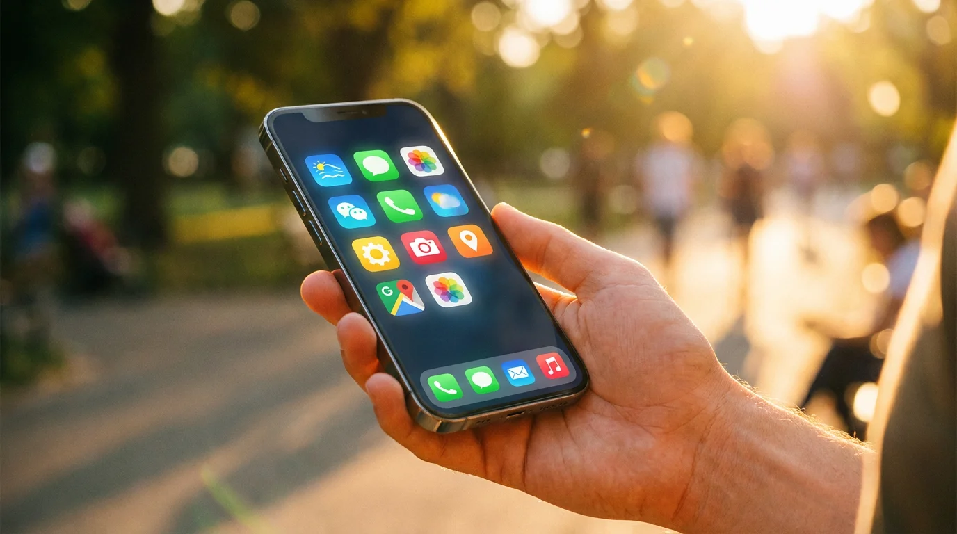 Close-up of hand holding smartphone displaying colorful app icons outdoors during sunset