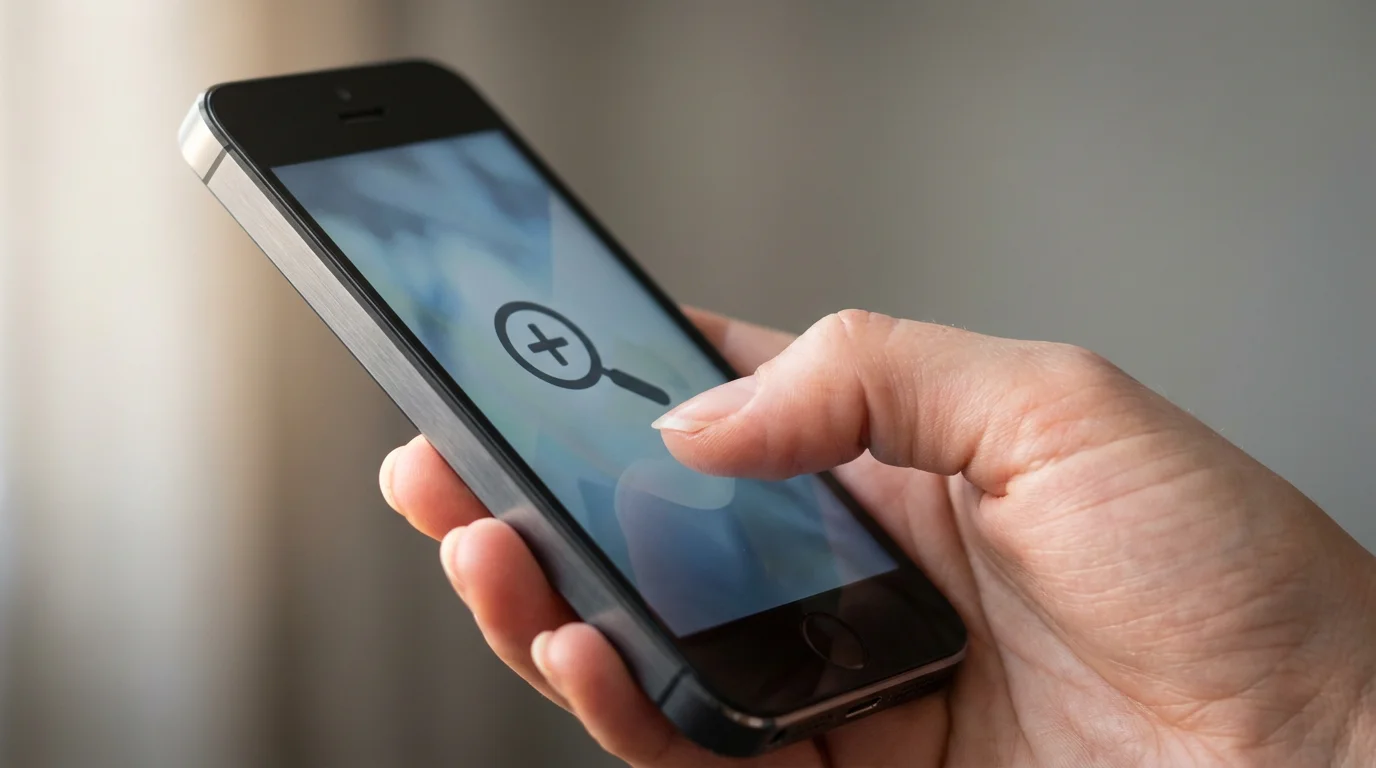 Close-up of hand tapping an abstract accessibility magnification icon on a smartphone screen, low angle.