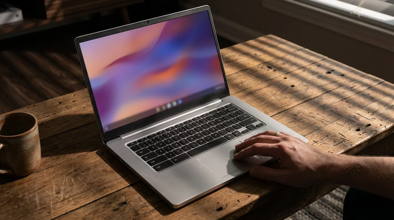 Close up of hand using laptop trackpad on wooden table in moody afternoon light.