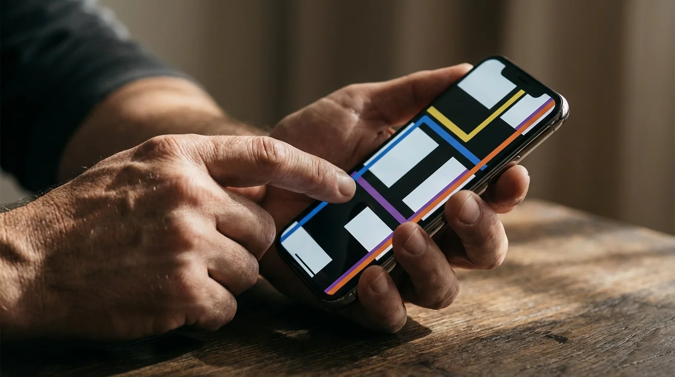 Close-up of hands adjusting high-contrast visual settings on a smartphone in moody light.