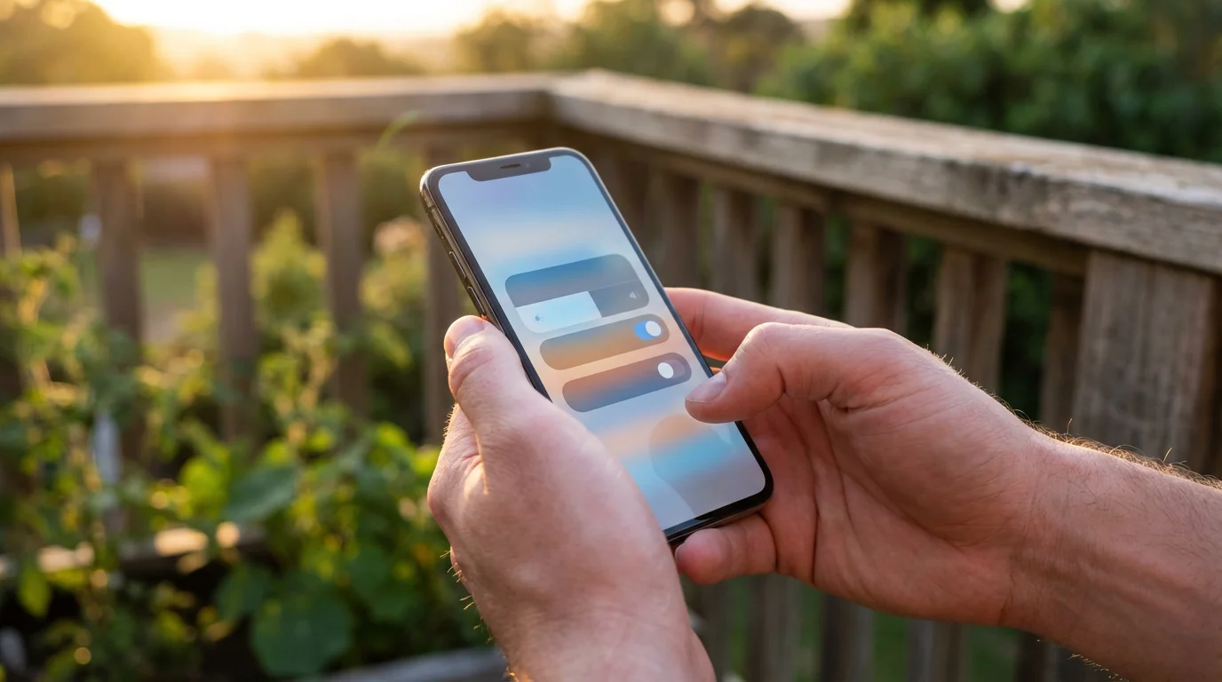 Close-up of hands holding a smartphone on a balcony during sunset connecting to Wi-Fi.