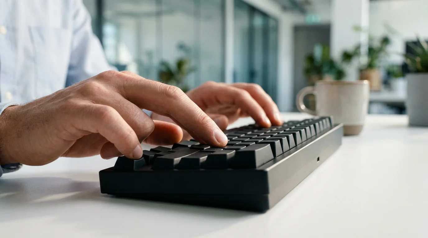 Close up of hands performing a keyboard shortcut on a modern computer desk.